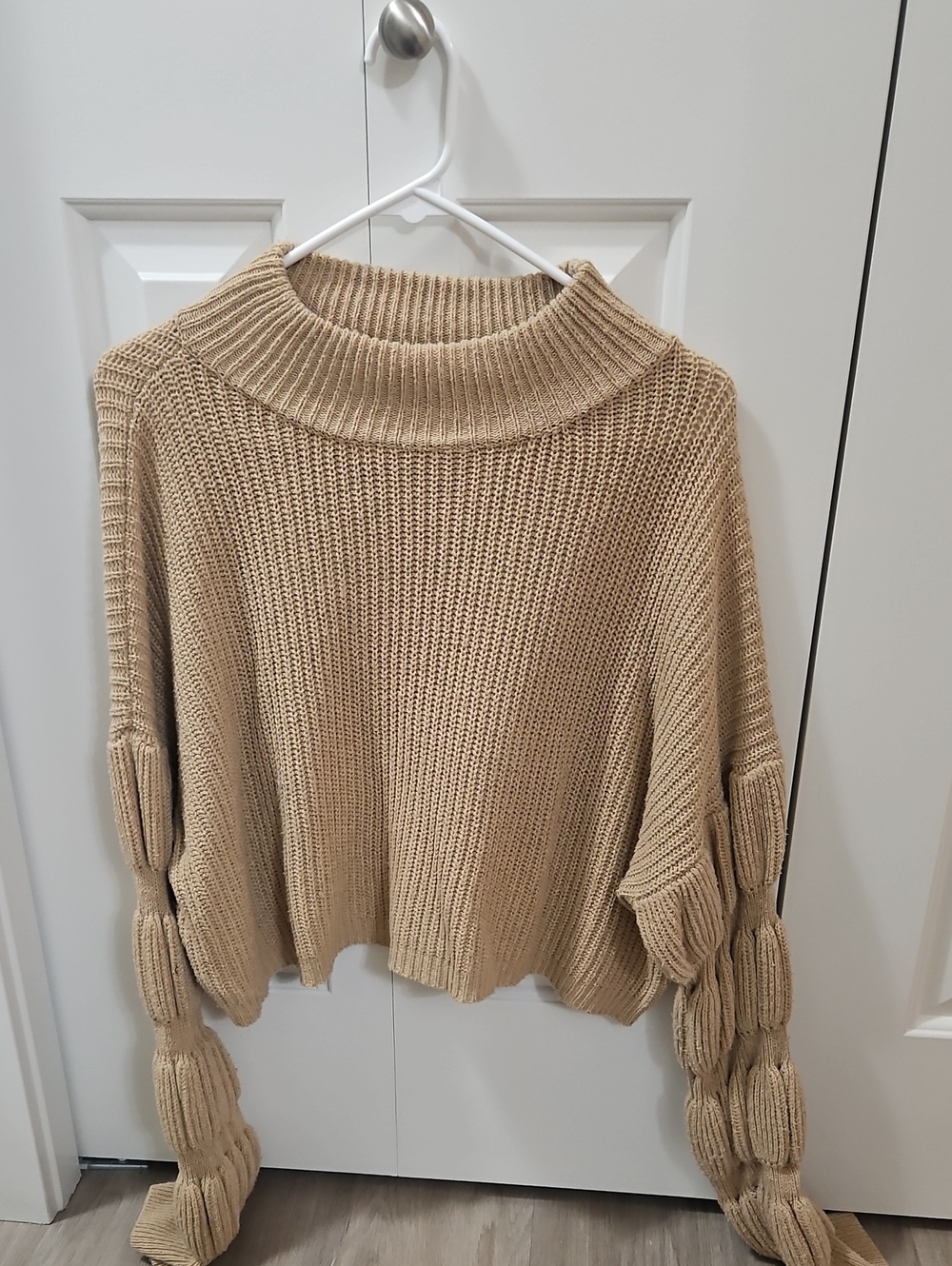 HYFVE Balloon-Sleeve Chunky Cowl Turtleneck Sweater in Tan
